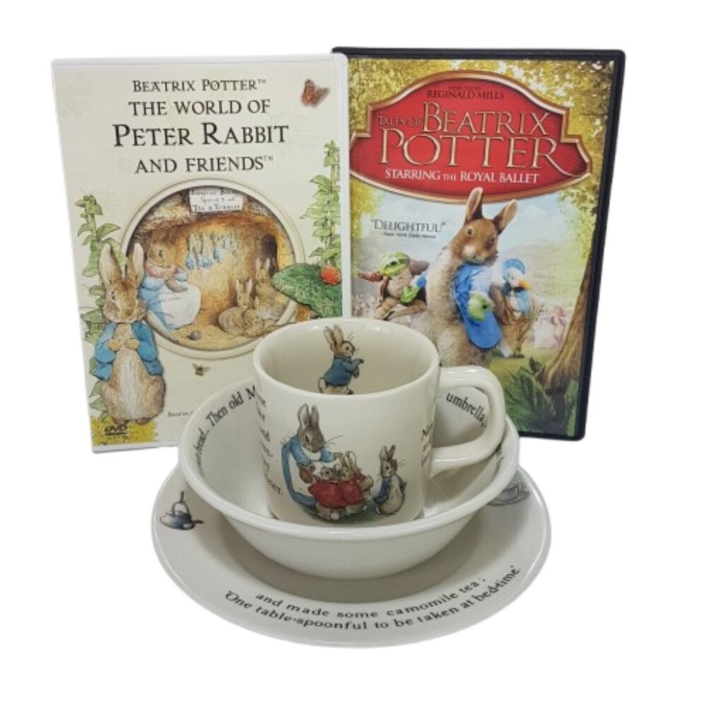 Wedgewood Beatrix Potter 3 piece Childrens Dinnerware Set & 2 Peter Rabbit DVDs
